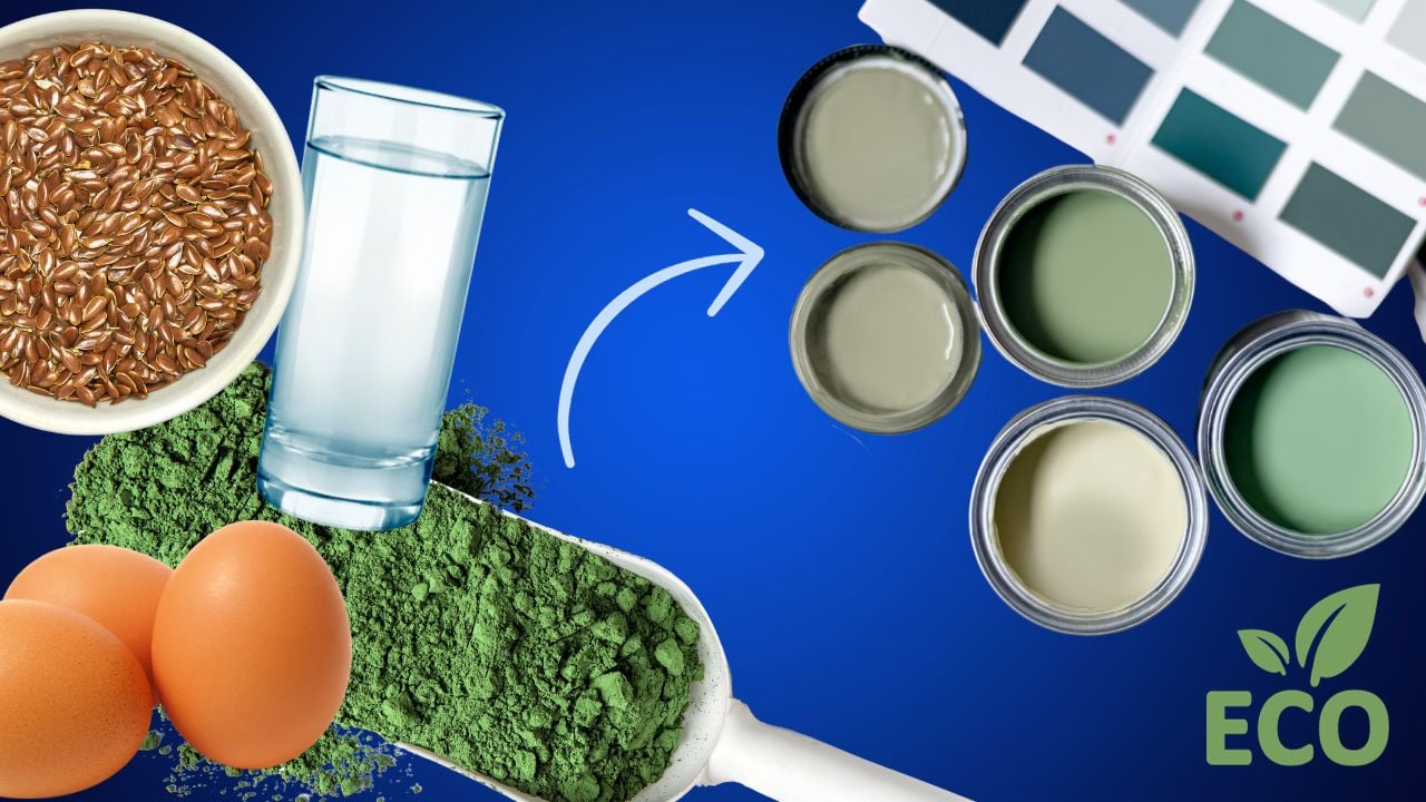 ingredienser för att göra äggoljetempera: ett glas vatten, linoljefrön, ägg och grön färgpigment med en pil som visar färgburkar med färg.