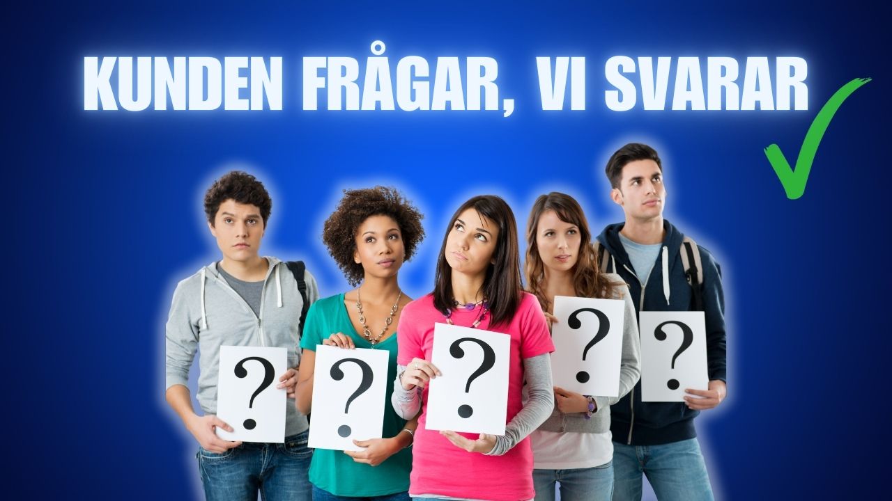 fem kunder står med ett frågetecken var framför en blå bakgrund