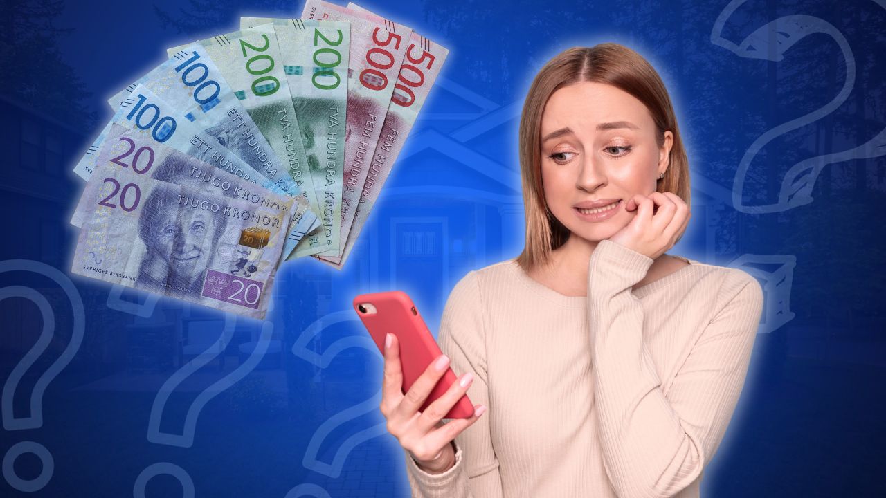 en kvinna som ser nervöst på sin telefon med papperspengar bredvid henne och fyra frågetecken som omringar bilderna. På en blå bakgrund.